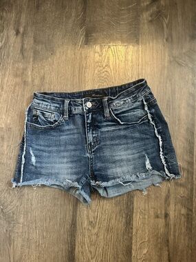 KanCan Distressed Dark Blue Frayed Hem Denim Shorts